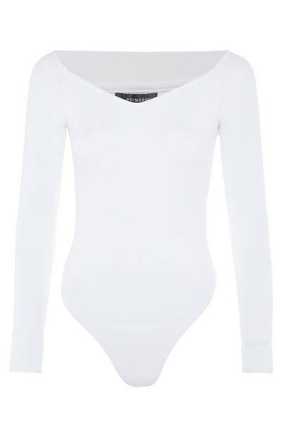 White Sweetheart Neckline Ribbed Body Suit