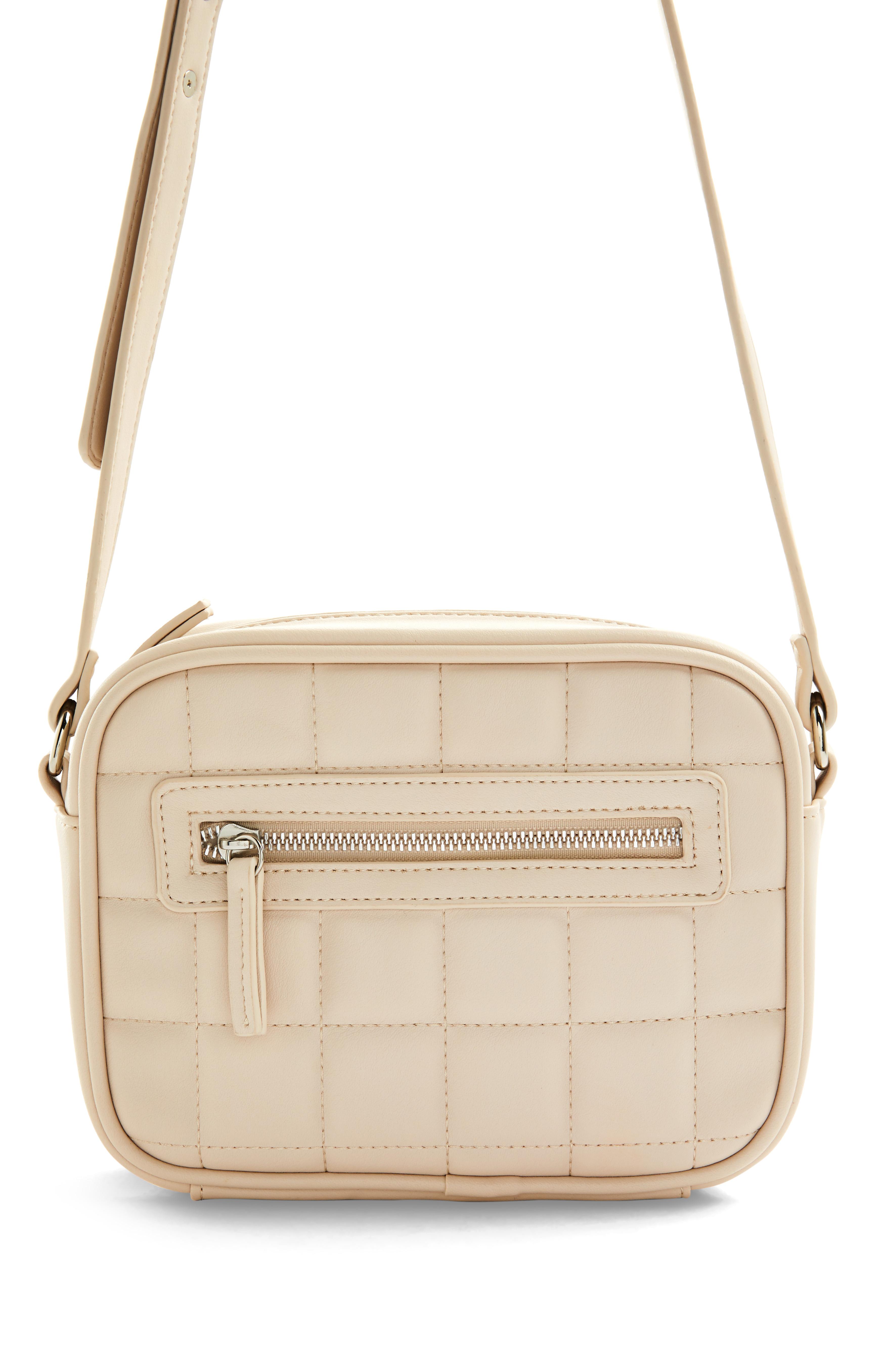 Cream Faux PU Leather Grid Stitch Camera Bag Crossbody Bags Women's
