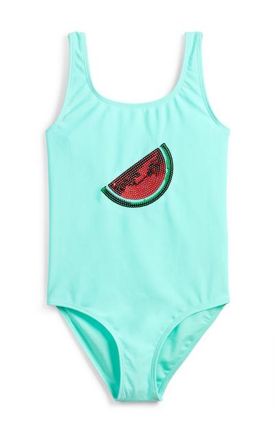 Older Girl Turquoise Watermelon Print Swimsuit