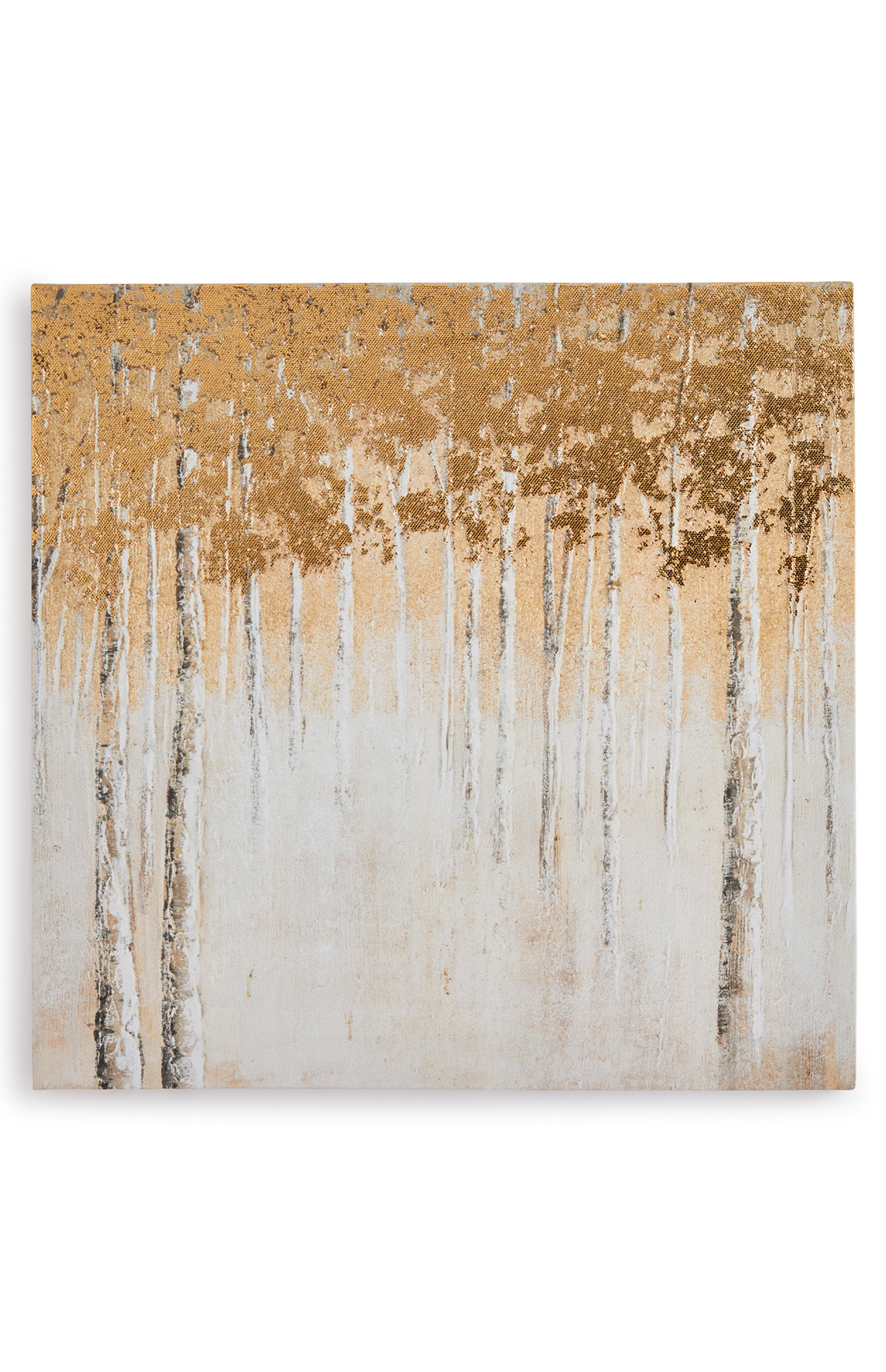 Leinwandbild mit abstraktem Waldmotiv in Elfenbein und Gold, 30 cm x 30 cm 