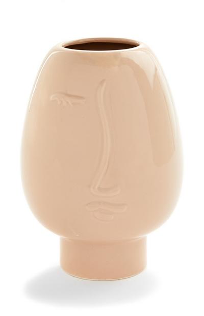 Vase beige en céramique à motif visage