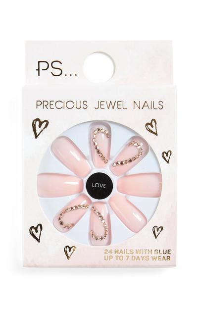 Pink Coffin Shape Heart Gem Glossy Faux Nails