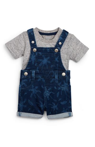 Dvodelni komplet z modrimi fantovskimi jeans kratkimi hlačami z naramnicami za dojenčke