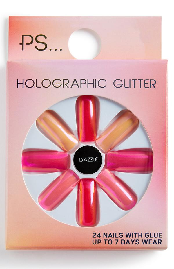 „PS Dazzle Holographic Glitter“ Lange, eckige Kunstnägel im glänzenden Design