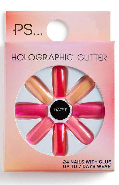 Lange rechthoekige glanzende kunstnagels PS Holographic Glitter, kleur Dazzle