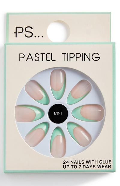 PS Mint Pastel Tipping Pointed Glossy Curved Faux Nails