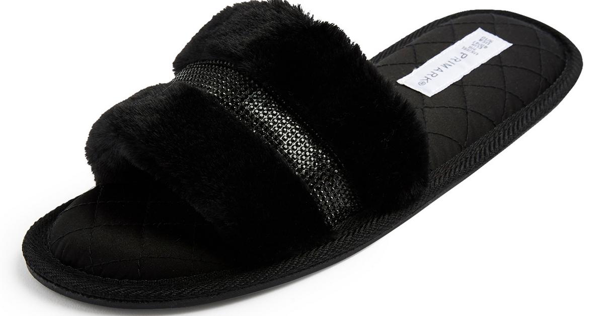 Black Faux Fur Diamante Mule Slippers | Women's Slippers | Women's ...