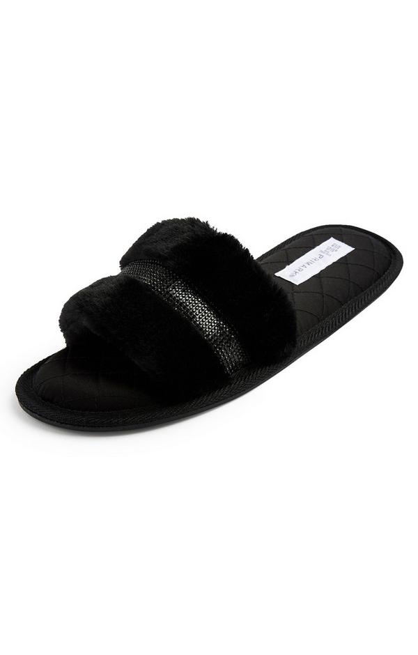 Black Faux Fur Diamante Mule Slippers | Women's Slippers | Women's ...