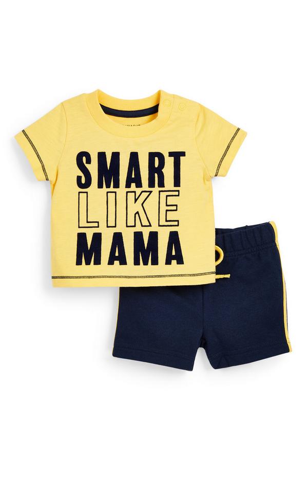 Gelb-marineblaues Jersey-Set mit Slogan-T-Shirt und Shorts für Babys (J)