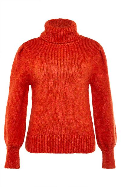 Temno oranžen udoben pulover s puli ovratnikom
