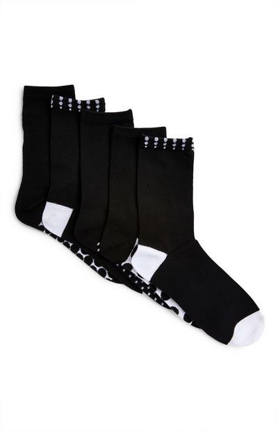 Črne nogavice s kontrastnimi deli, 5 parov