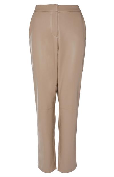 Taupe Faux Leather Straight Leg Trouser