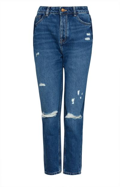 Blauwe jeans met scheuren en hoge taille