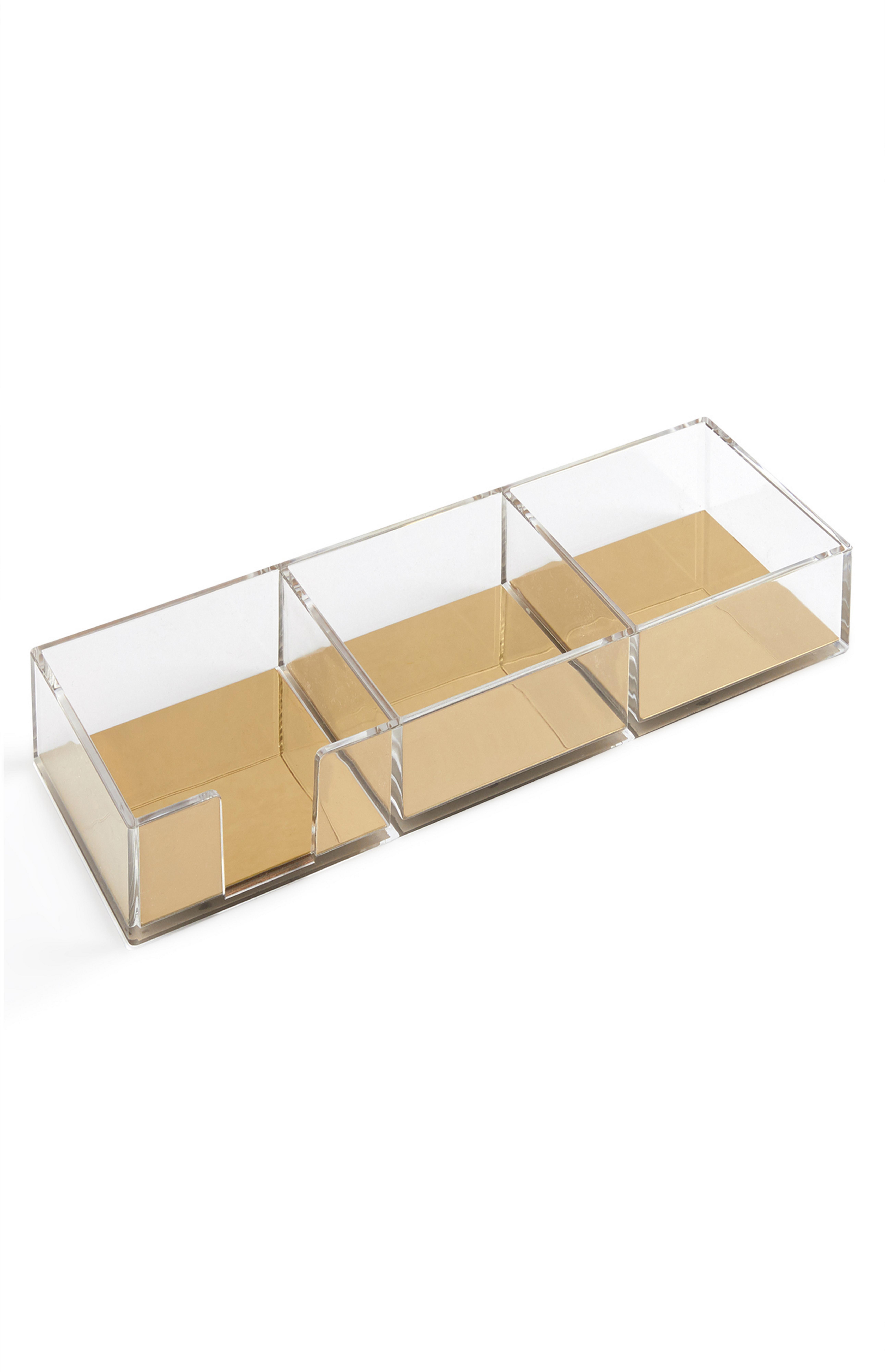 Cutii de depozitare transparente cu bază aurie pentru birou