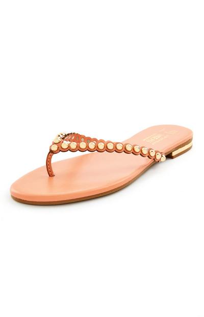 Tan Flat Studded Thong Sandals