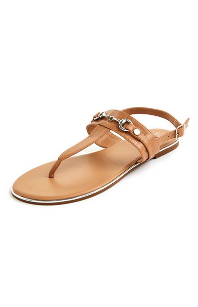 Tan Flat Goldtone Detail Thong Sandals