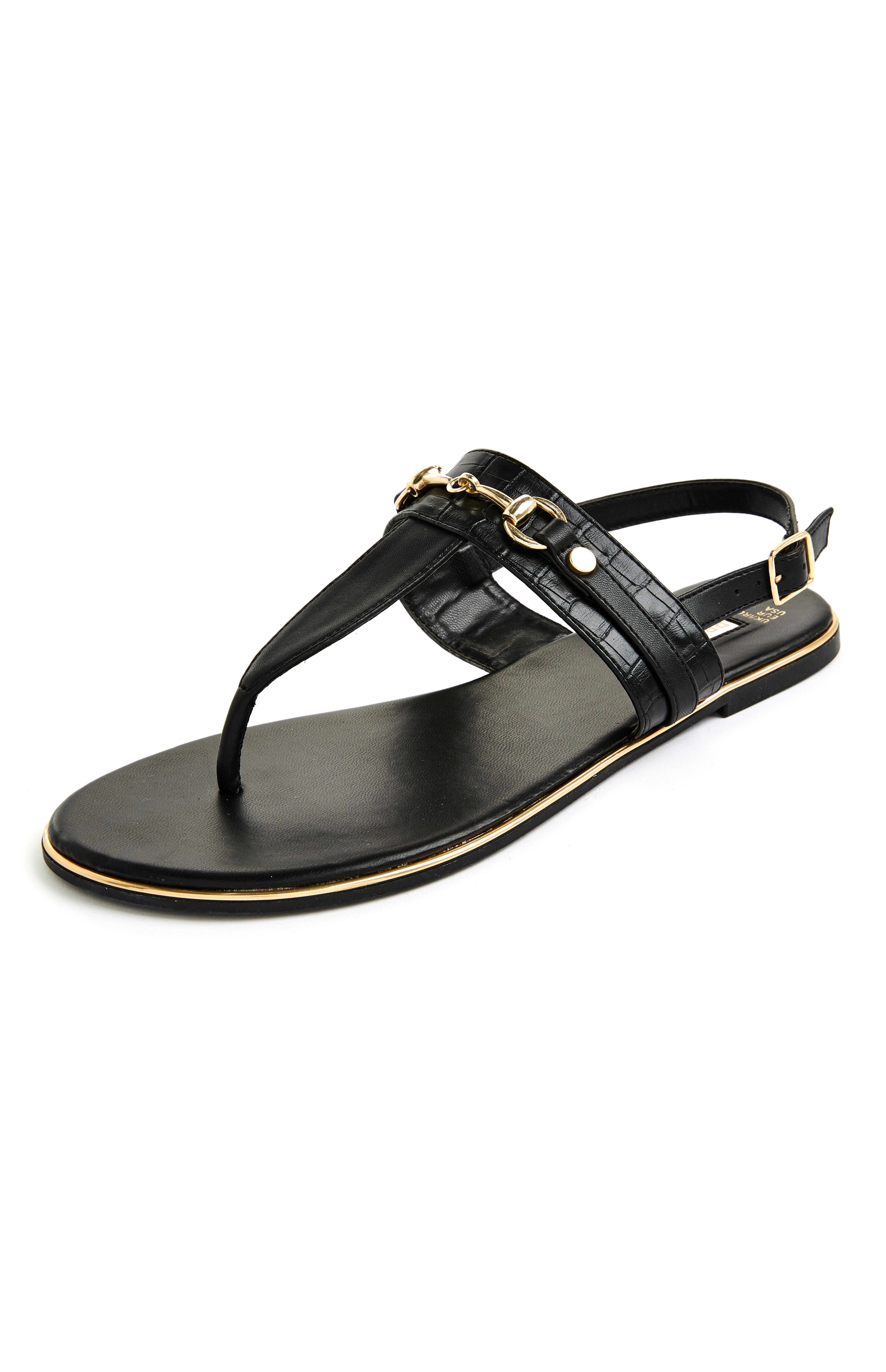 Black Flat Goldtone Detail Thong Sandals Women's Sandals, Flip Flops