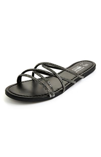 Black Flat Strappy Diamante Sandals