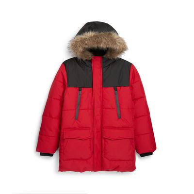 Older Boy Red Colour Block Longline Puffer Coat