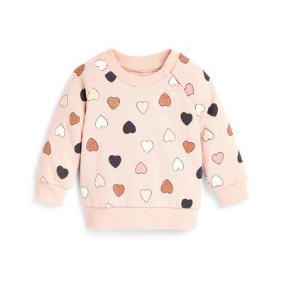 Baby Girl Pink Heart Print Crew Neck Sweater
