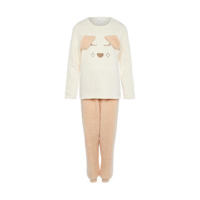 Beige Fleece Bunny Embroidered Pajama Set