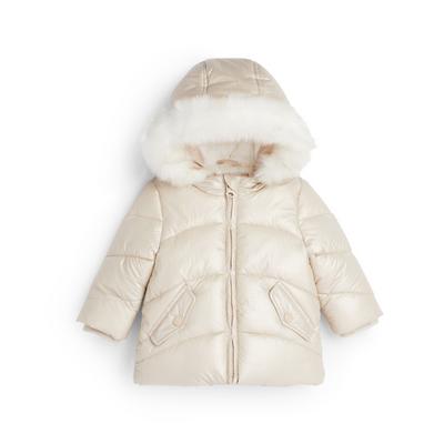 Baby Girl Ivory Shiny Padded Faux Fur Jacket