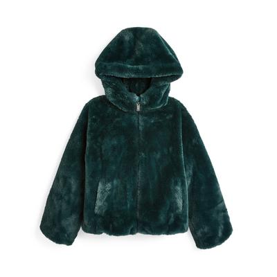 Abrigo verde azulado de pelo sintético con capucha para niña mayor