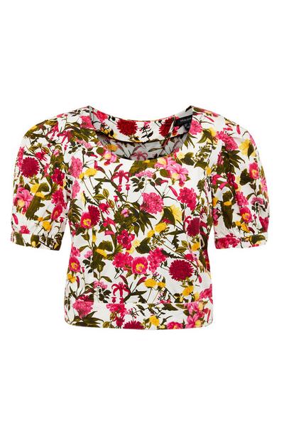Rožnata majica iz poplina s cvetličnim potiskom z napihnjenimi rokavi Gardeners World