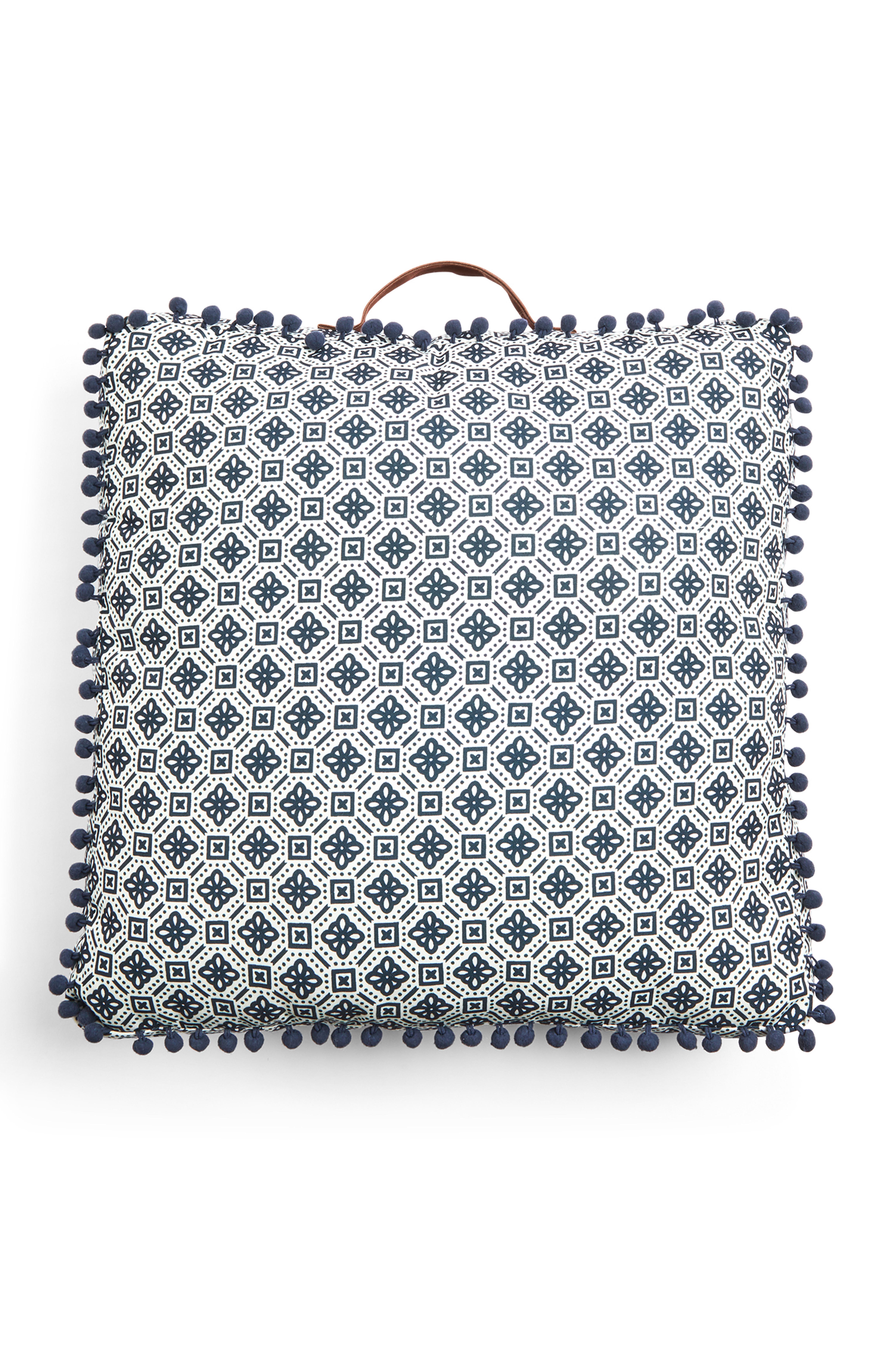 Blauw vierkant kussen met patroon en rand voor buiten
