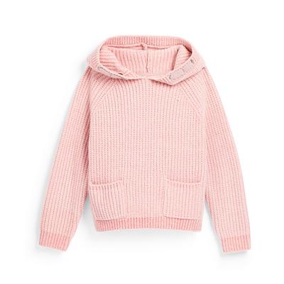 Rožnat rebrast pulover s kapuco iz šenilje za mlajša dekleta