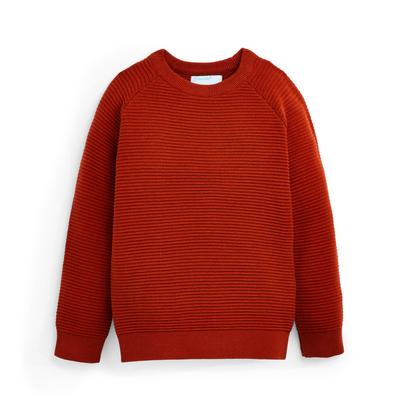 Opečnato oranžen pleten pulover s teksturo z okroglim ovratnikom za mlajše dečke