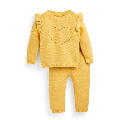 Dvodelni dekliški rumeni pleteni komplet za novorojenčke