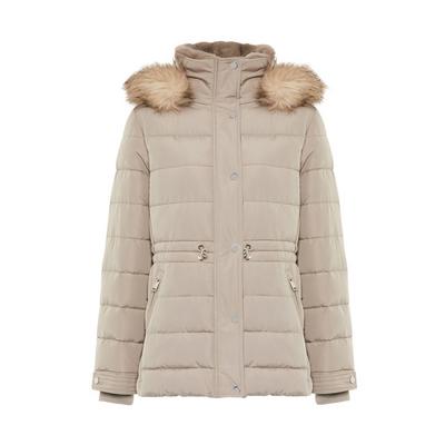 Taupe Faux Fur Hooded Padded Coat