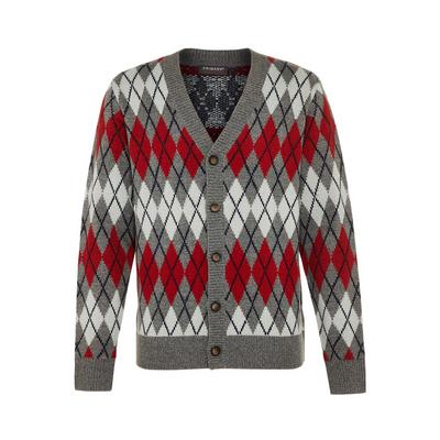 Grey And Red Argyle Knit Cardigan