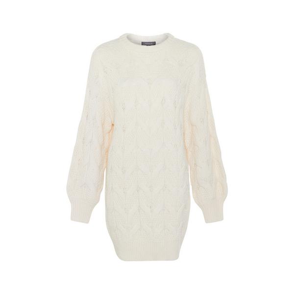 Ivory Cable Knit Crew Neck Jumper Dress