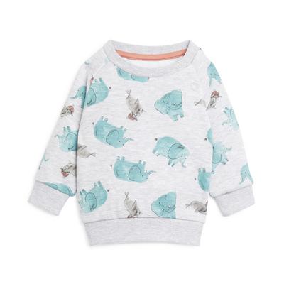 Fantovski pulover z okroglim ovratnikom in živalskim potiskom za dojenčke