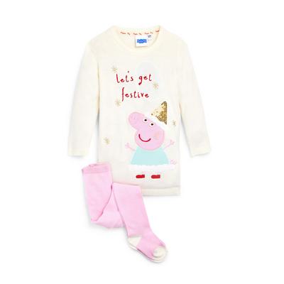 Slonokoščen 2-delni dekliški komplet s pleteno božično obleko za dojenčke Pujsa Pepa