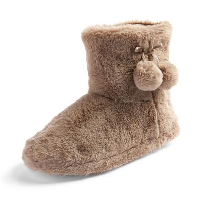 Brown Pompom Bootie Slippers