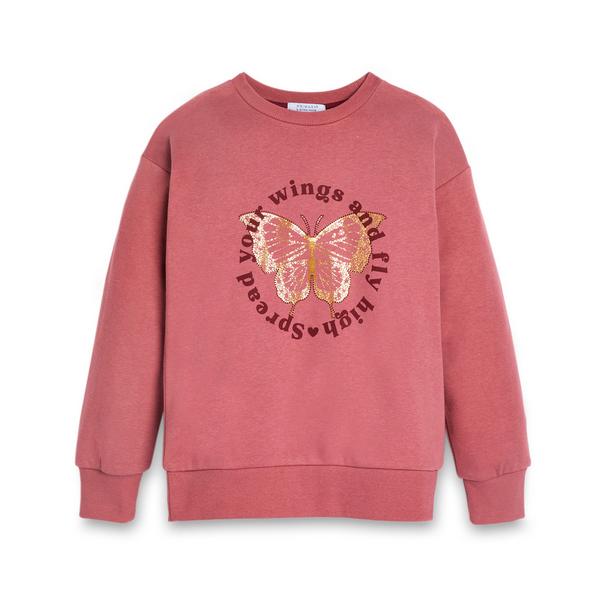 Older Girl Pink Butterfly Print Crew Neck Sweater