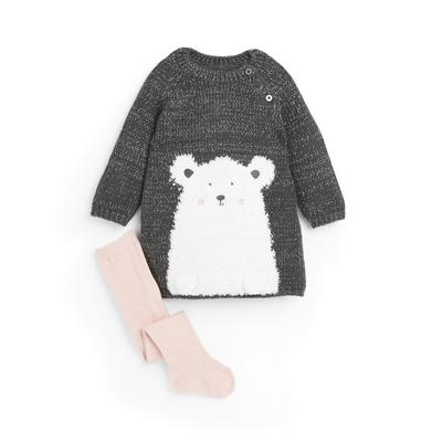 2-delni siv dekliški komplet s pleteno obleko s polarnim medvedom za dojenčke
