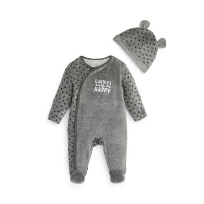 Newborn Baby Boy Grey Velour Sleepsuit 2 Piece