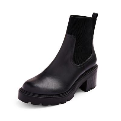 Black Elastic Low Heel Chelsea Boots