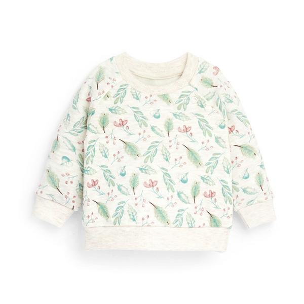 Baby Girl Ivory Winter Leaf Print Crew Neck Sweater