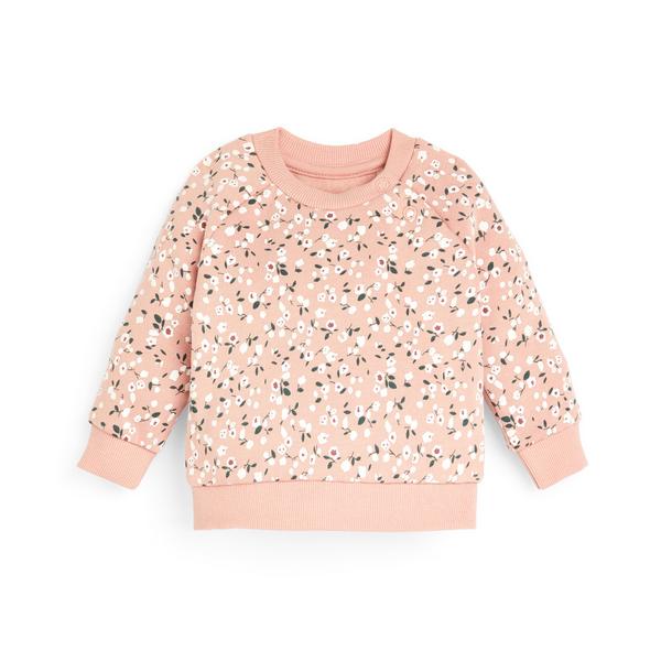 Baby Girl Pink Floral Print Crew Neck Sweater