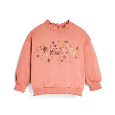 Younger Girl Pink Slogan Print Frill Neck Sweater