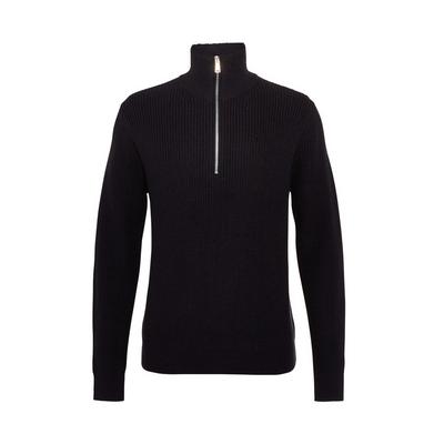 Črn debel pleten pulover s kratko zadrgo
