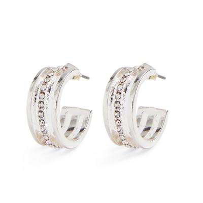 Tridelni mini okrogli uhani srebrne barve z okrasnimi diamanti