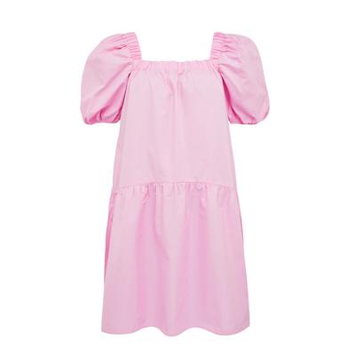 Rožnata pastelna mini obleka z oglatim ovratnikom iz poplina