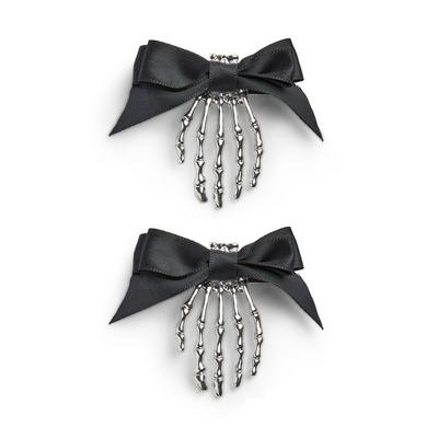 Silberfarbene Halloween-Haarspangen mit Skelett-Design und schwarzen Schleifen, 2er-Pack