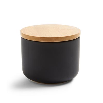 Kleiner schwarzer Keramikbehälter mit Holzdeckel